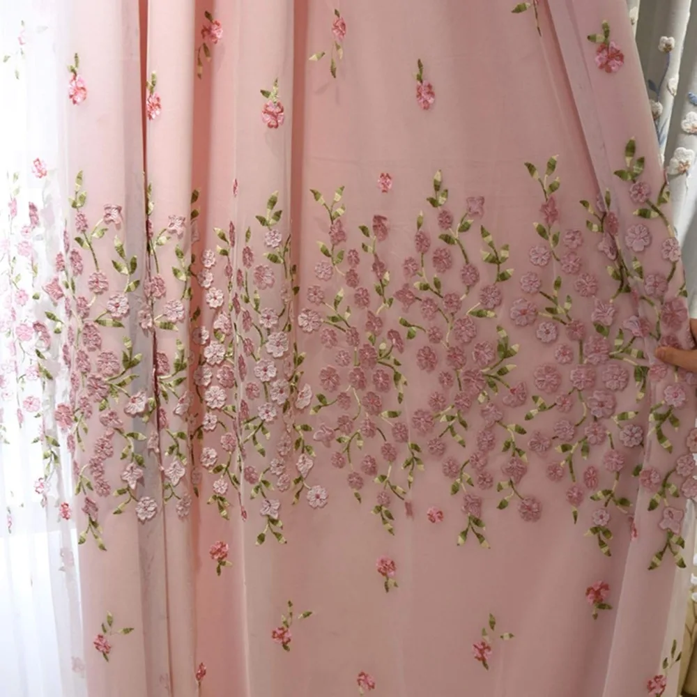 1 PC-Jacquard-Fenstervorhänge, romantischer Voile-Vorhang, doppellagige, mit Blumen bestickte Vorhänge, Verdunkelung für Mädchenzimmer (Farbe: Ho