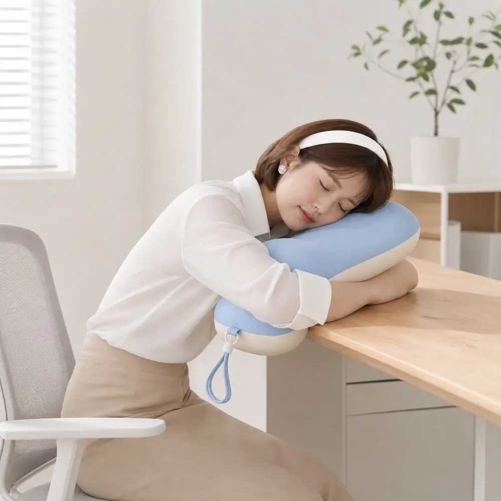 Practical Memory Foam Nap Pillow Ergonomic Soft Support Neck Cushion with Carry Strap Breathable Fabric Desk Pillow Travel Use