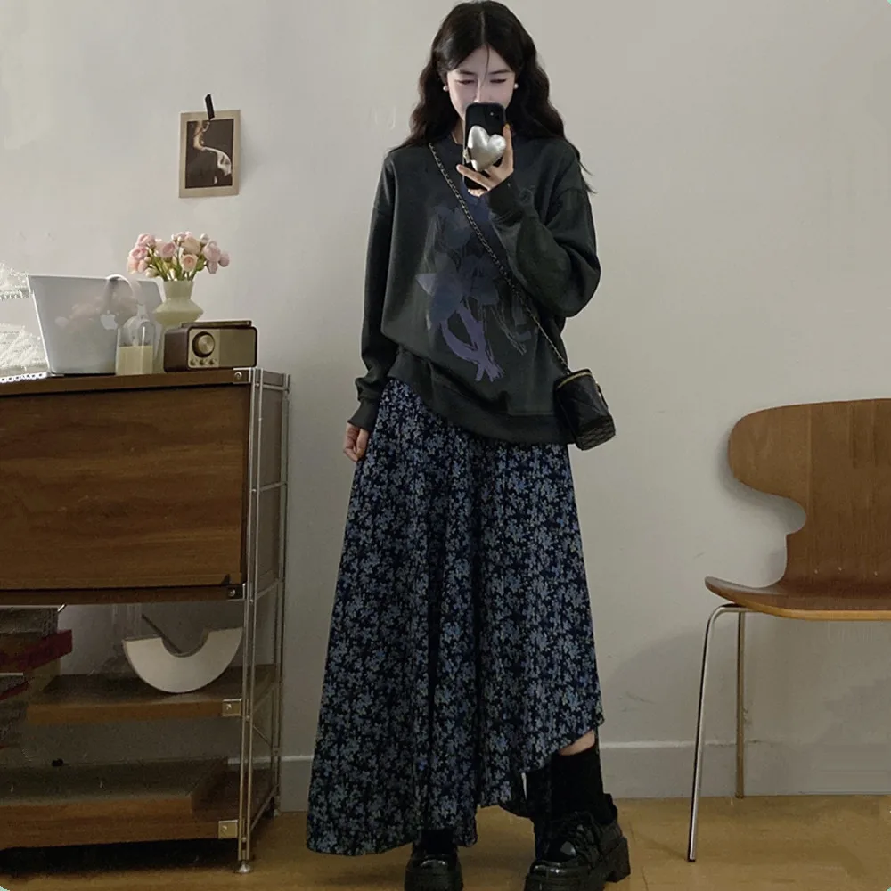 

Свободный круглый свитер и асимметричный цветочный комплект из двух предметов для женщин больших размеров, осенне-зимний винтажный стиль