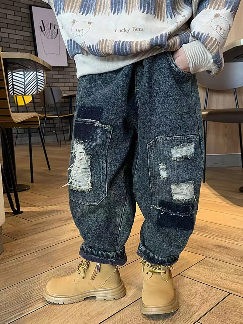 Velvet Winter Warm Pants Jeans for Girls Boys Fall Trousers Outerwear Clothes Teenagers Kids Children warm pants Boy Jeans