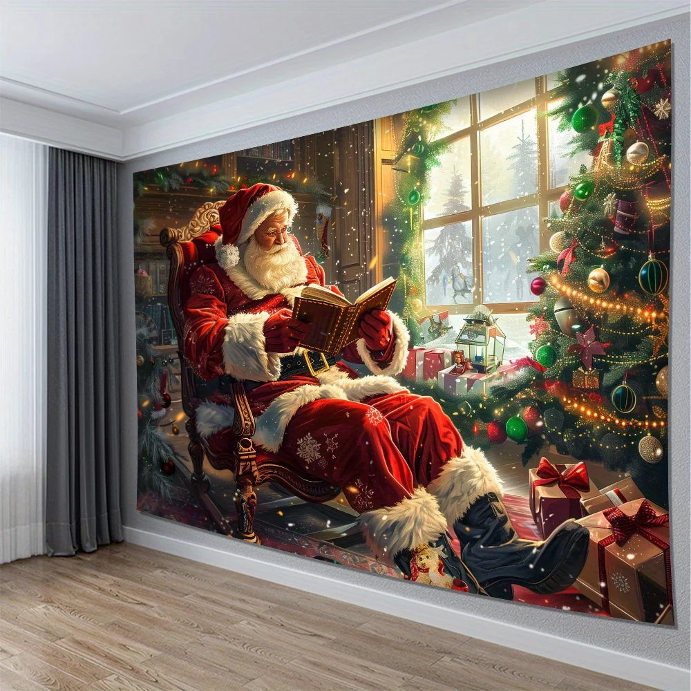 Santa Claus Reading Book Tapestry, Cozy Christmas Living Room Bedroom Decor, Holiday Wall Hanging for Xmas Party