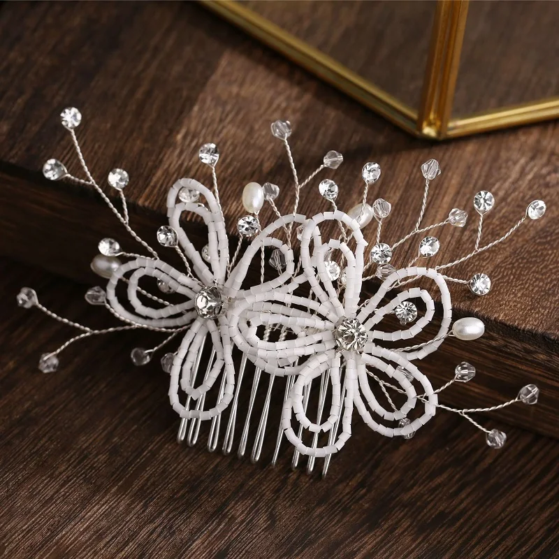 

Elegant White Flower Wedding Hair Combs for Bride Rhinestones Pearls Women Hairpins Bridal Headpiece Hair Accessories for women