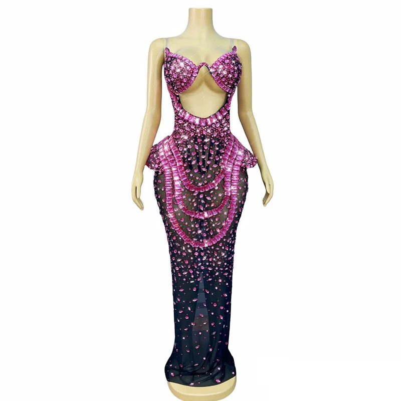 Sukienka z pełnymi zdobieniami z kryształków, strój dla piosenkarki, wieczorowa, na imprezę w klubie nocnym, festiwal, sukienki sceniczne, na wybieg, XS10259