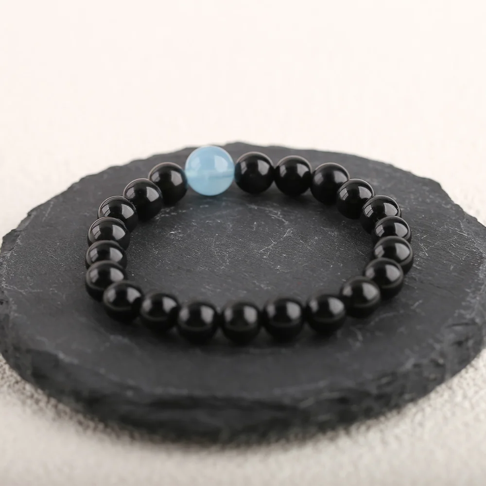 Natural Stone Aquamarine Obsidian Bracelet Bohemian Women Handmade Elastic Rope Beaded Jewelry 18cm 13g