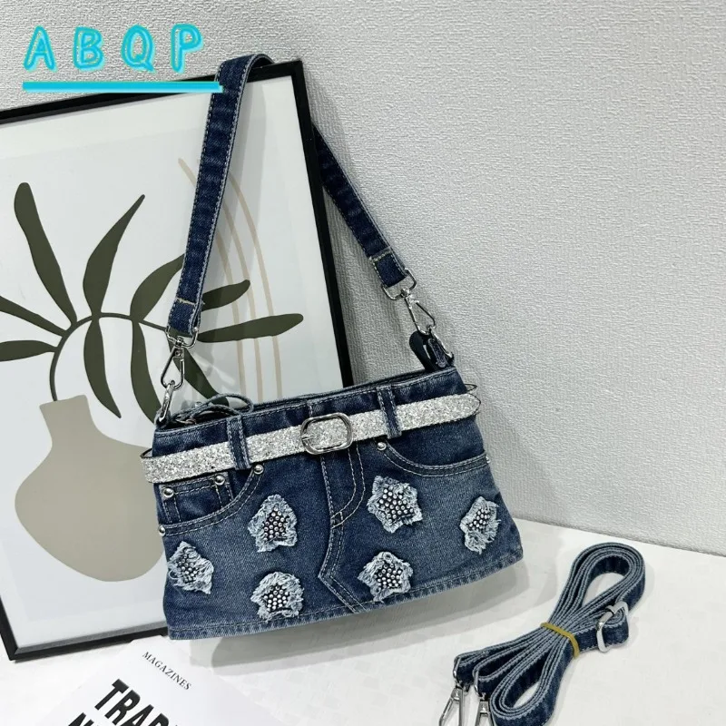 ABQP New Women's Diamond-encrusted Handbag Luxury Brand Retro Denim Diamond-encrusted Women's Shoulder Bag Fashion Women's Bag