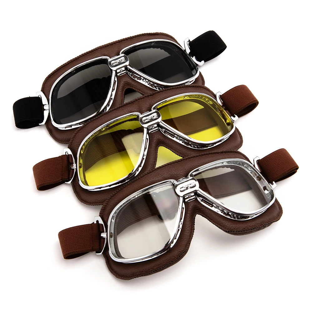 Man/Women WWII Vintage Motorcycle Leather Glasses Masque Motocross Off-Road Flexible Cycling Eyewear For Helmets Sport