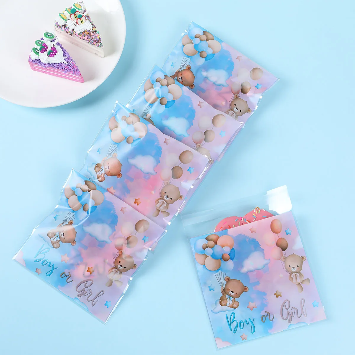 50Pcs Gender Reveal Party Favor Bear Pattern Self-sealing Candy Bag Boy Or Girl Gift Package Decorations Baby Shower Supplies