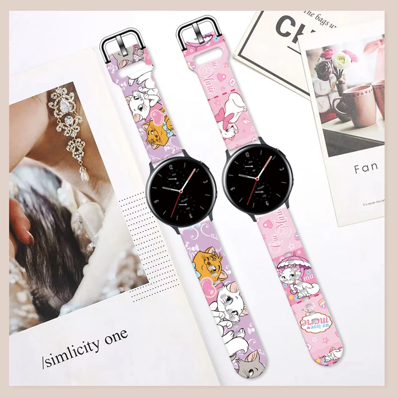 Elegancki pasek z nadrukiem kota Marie Disneya do Samsung Galaxy Watch 7/6/5/4, uniwersalny pasek 20 mm pasujący do 40 mm 44 mm Xiaomi Huawei Amazfit