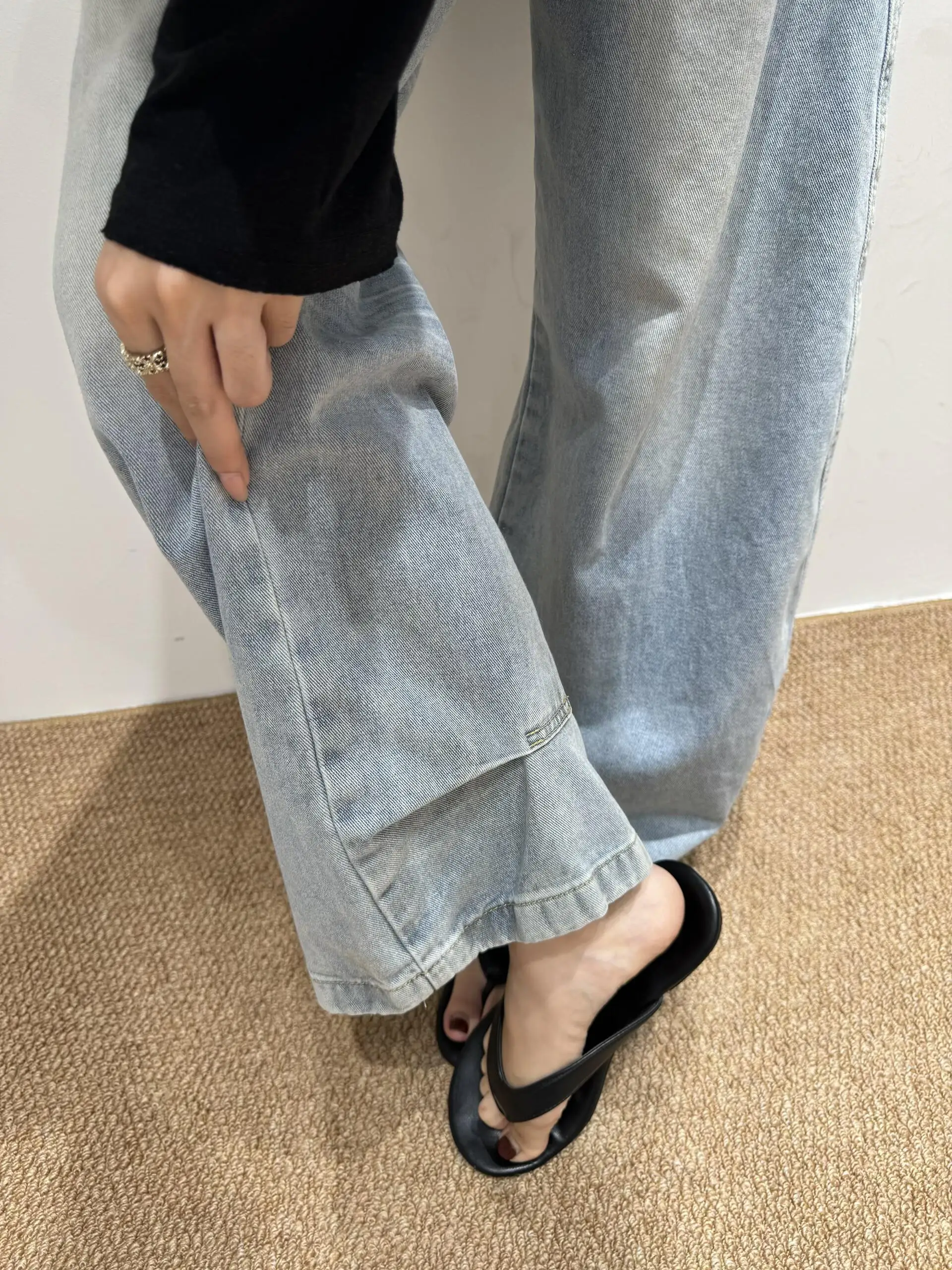Light Blue Curved Barrel Straight Wide Leg Jeans Women Petite Autumn New Loose Slim Designer Pants