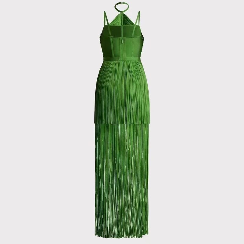 MSMUSI 2024 New Fashion Women Sexy Strap Halter Tassels Sleeveless Bandage Bodycon Party Club Event Slim Maxi Dress Long Gown