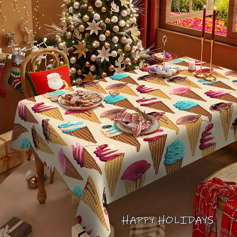 Summer Ice Cream Tablecloth, Cream Base With Ice Cream Cone Graphics, Rectangular Table Cover for Kids Birthday Party Decor