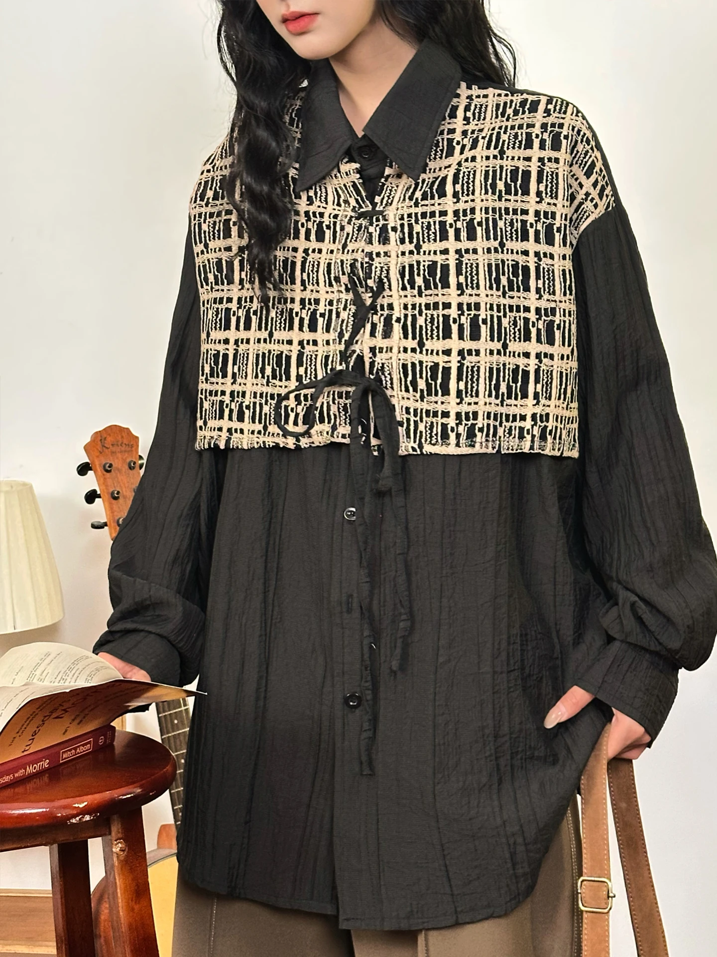 

Женская свободная блузка с длинным рукавом в уличном стиле, с пэчворком, дышащая, модная, повседневная, из высококачественной китайской ткани