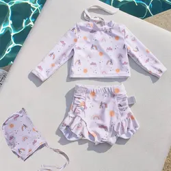 High Quality Fashion Print Swimwear for Girls Swimming Clothing Long Sleeve Beachwear Bathing Suit Two Piece Swimsuit