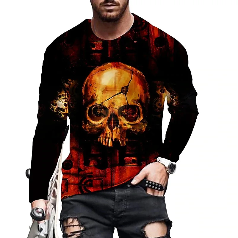 Autumn Spring T-shirt Skull 3D Digital Printing European Men Street Pullover Long Sleeve T Shirt New Hip-hop Harajuku Cool Tees