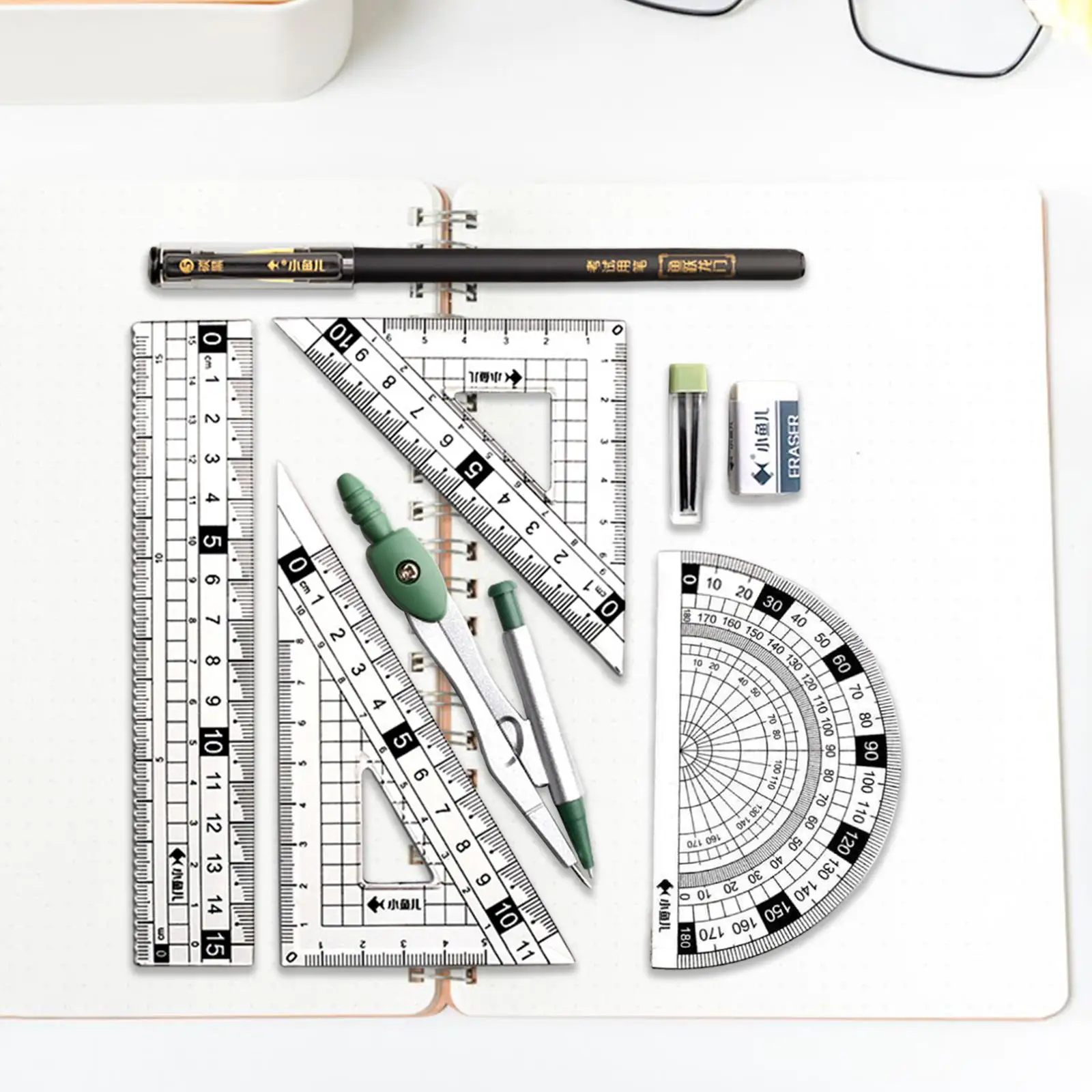 مجموعة مسطرة الرياضيات الهندسية مع أداة رسم متعددة الوظائف منقلة وبوصلة لمكتب دراسة الطلاب #6