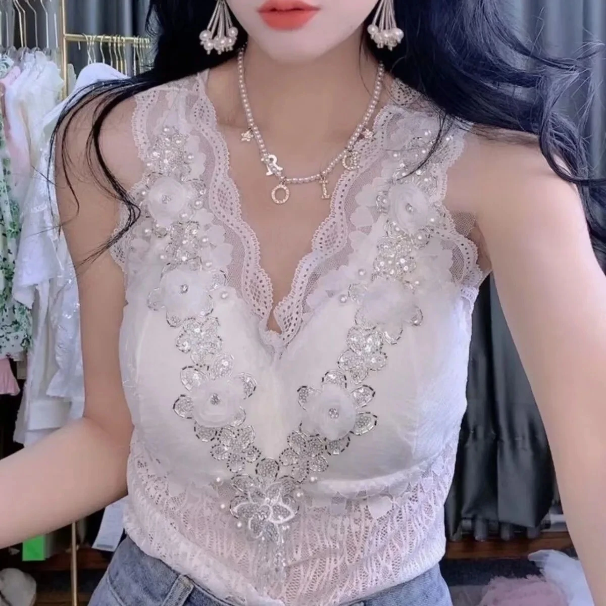 Large Size Heavy Beaded Vest Top 2025 New Chest Pads Beautiful Back Tube Top Lace Small Camisole Female Inner Summer Vest Shirt