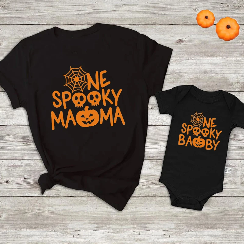 Family Matching Halloween Shirts One Spooky Daddy Mama Brother Sister Baby Bodysuit Black Short Sleeve Top Look Halloween Outfit