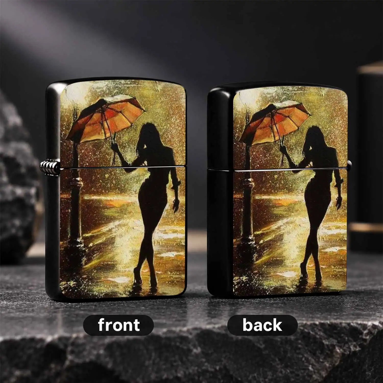 Artistic Lighter With Retro Rainy Night Umbrella Lady Silhouette Painting, Warm Streetlight Scenery Print Portable Daily Use Igniter, Exquisite Atmospheric Practical Item, Perfect For Daily Carrying, Gifting On All Occasions, Cozy Aesthetic