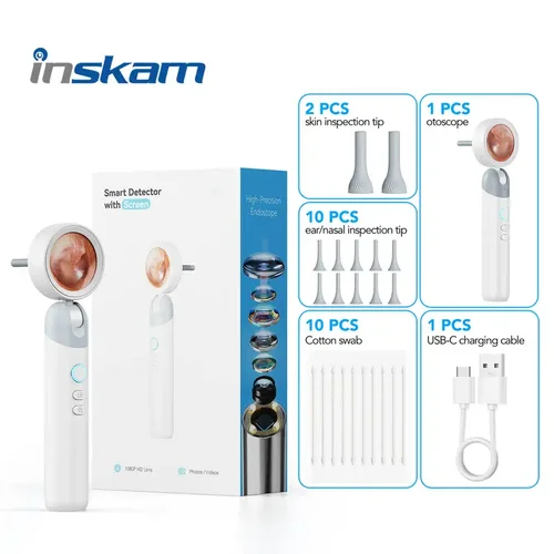 Endoscopio con cámara de oído inteligente 90 ° Cabezal giratorio para una fácil visualización de cámara HD 1080P con 12 cabezales de repuesto incluidos/nariz/piel