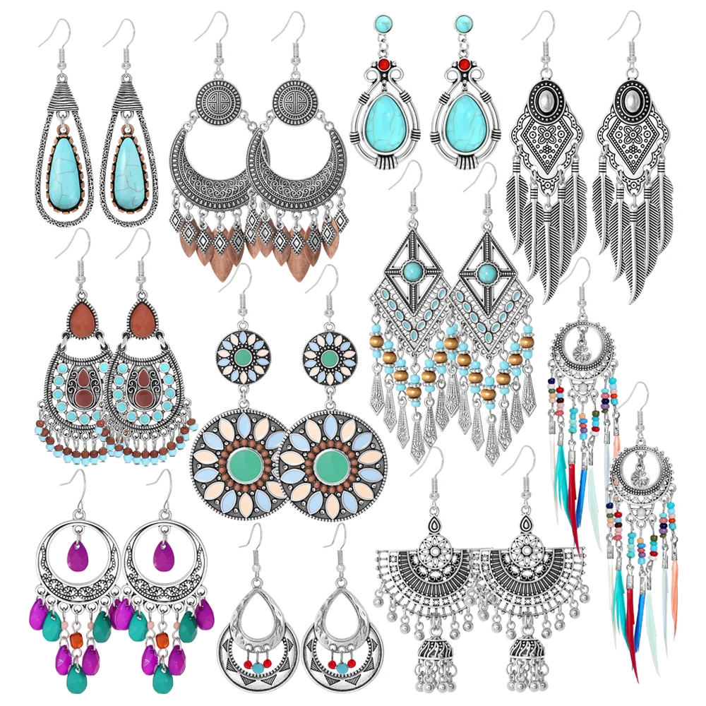 Ethnic Style Dangle Earrings Fringed Earrings Antique Silver with Turquoise Beaded Jewelry Dainty Chic Assorted Daily Wear Gifts