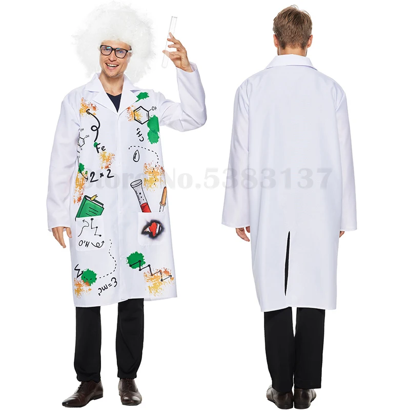 Adult Mad Scientist Costume Halloween Role Play Costume White Coat Wig Outfit Chemical Lab Uniform Carnival Purim Fancy Jacket