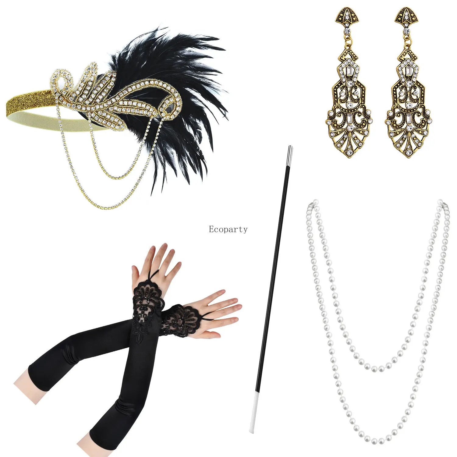 1920s GATSBY Flapper Costume Accessories Women Set Headband Earrings Pearl Necklace Cigarette Holder Gloves Hair Band