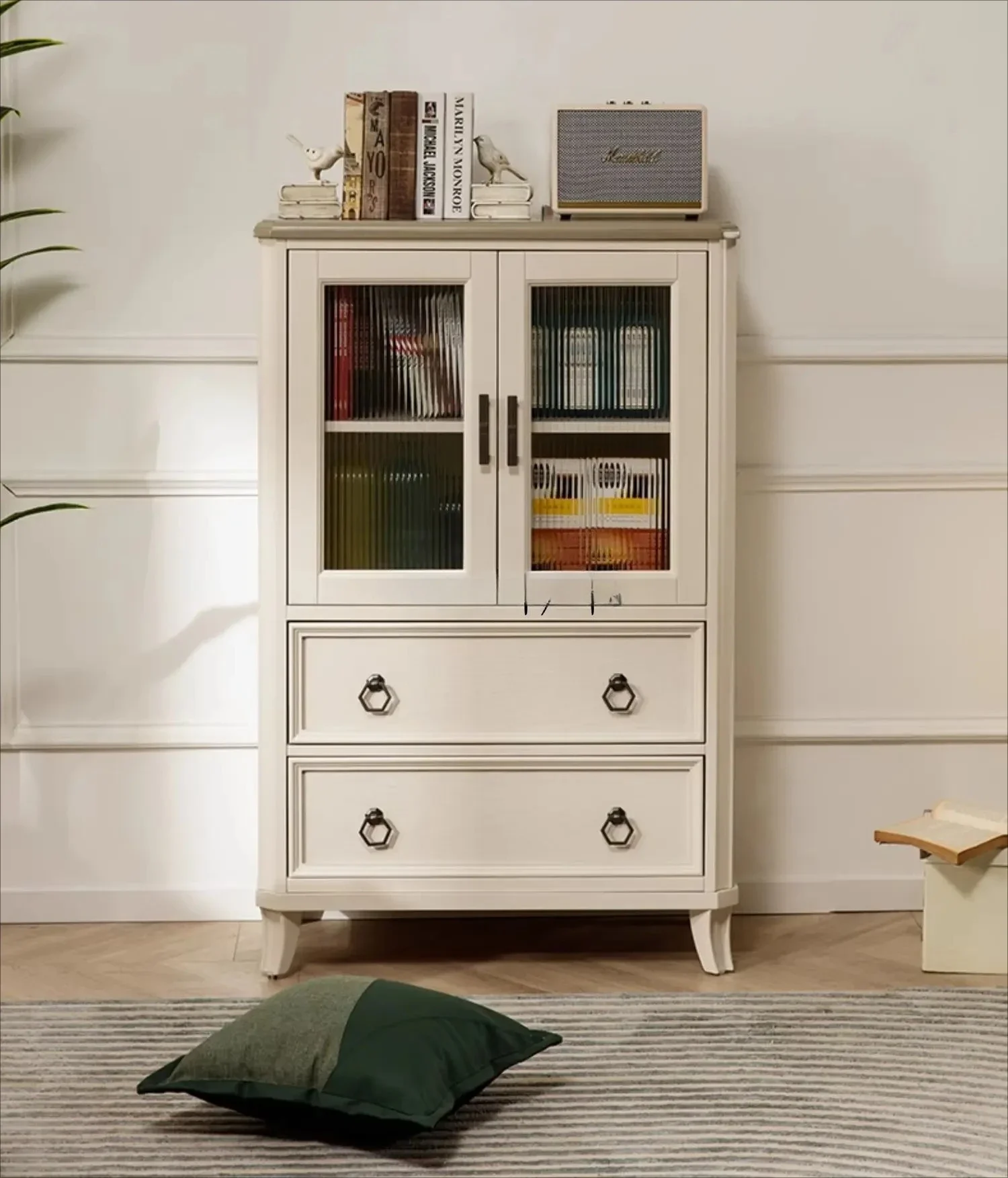 

American solid wood simple side cabinet cream style living room storage wall glass door display cabinet