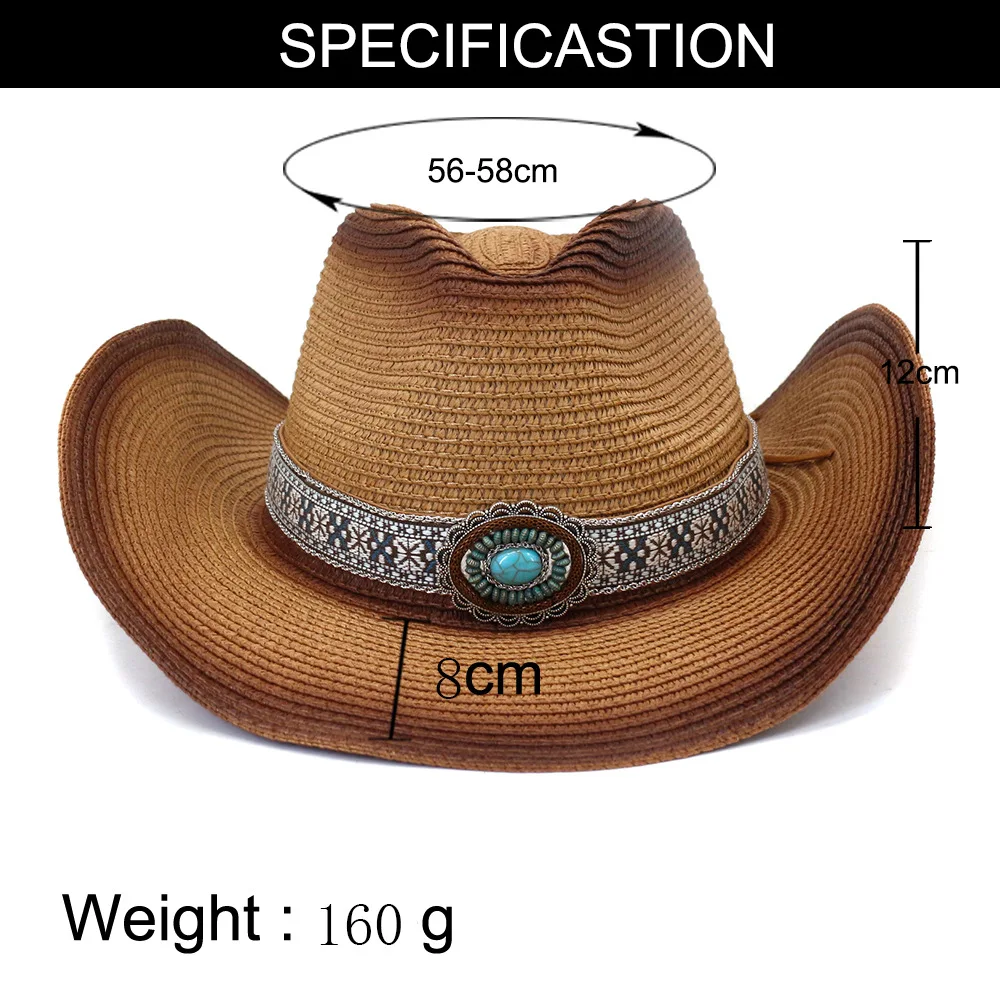 Summer cowboy straw hat for woman hand-woven hollow design imitation jade sapphire hat summer sun hat for men and women