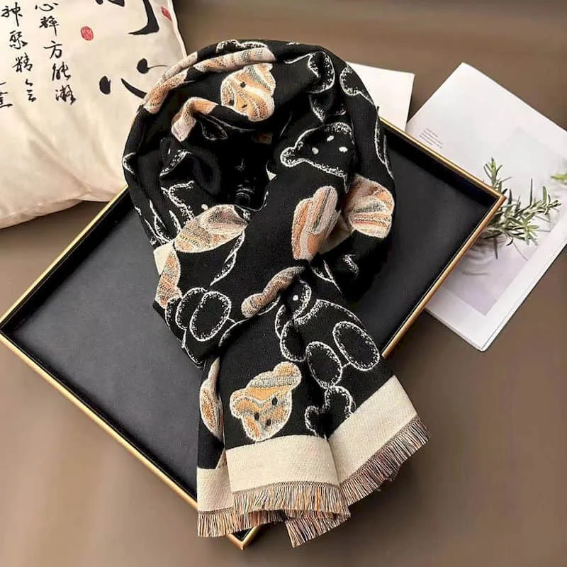 Scarf Women Luxury Vintage Cashmere-like Female Scarf Korean Style Cartoon Bear Winter Warm Pashmina Thick Shawl 