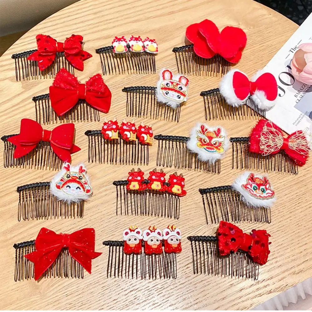 Embroidery Children Red Hairpin Hair Clip Awakened Lion Chinese New Year Headwear Ancient Headwear Bow Lion Dance Hair Comb Baby