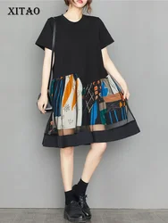 XITAO Patchwork Gauze Casual Dress Personality Print Women 2023 Summer New Arrival Loose O-neck Short Sleeve Dress DMJ1457