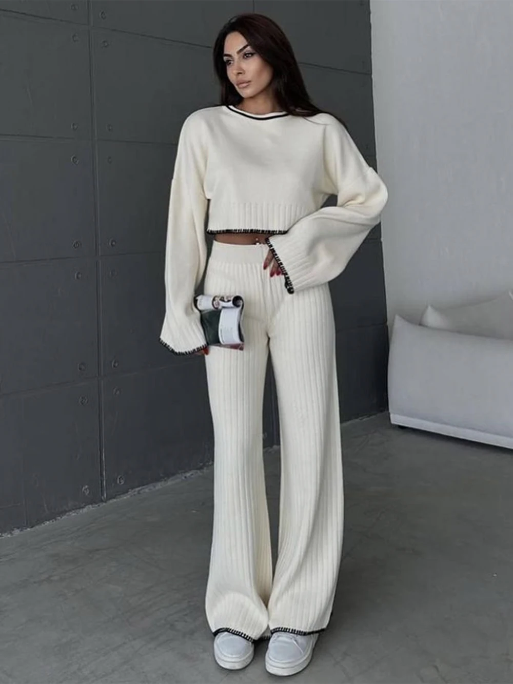 Modphy Casual Autumn Loose Knit Sweater Set Fashion Long Sleeve Pullover Sweater & Wide Leg Pants Two-piece Set