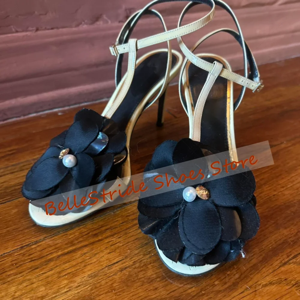 

Black Flower Decor Round Toe Sandals Ankle Buckle Women Shoes Thin High Heels Fashionable Dinner Party 2025 Zapatos Para Mujeres
