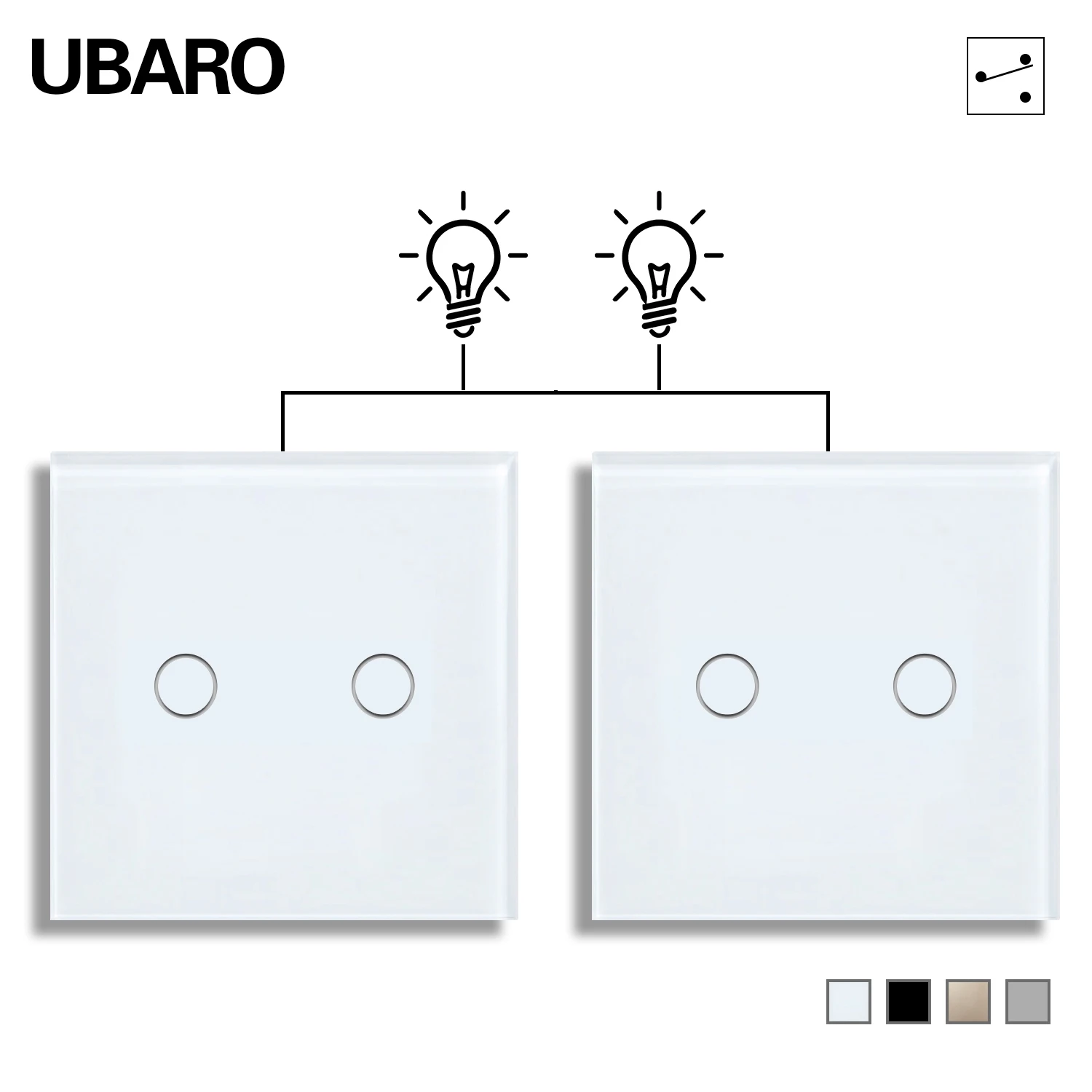 

UBARO Eu/UK 86*86mm Dual Touch Switch 2Gang 2Way Luxury Glass Panel Stair Switch Bedroom Sensor Switches Come and go Switches