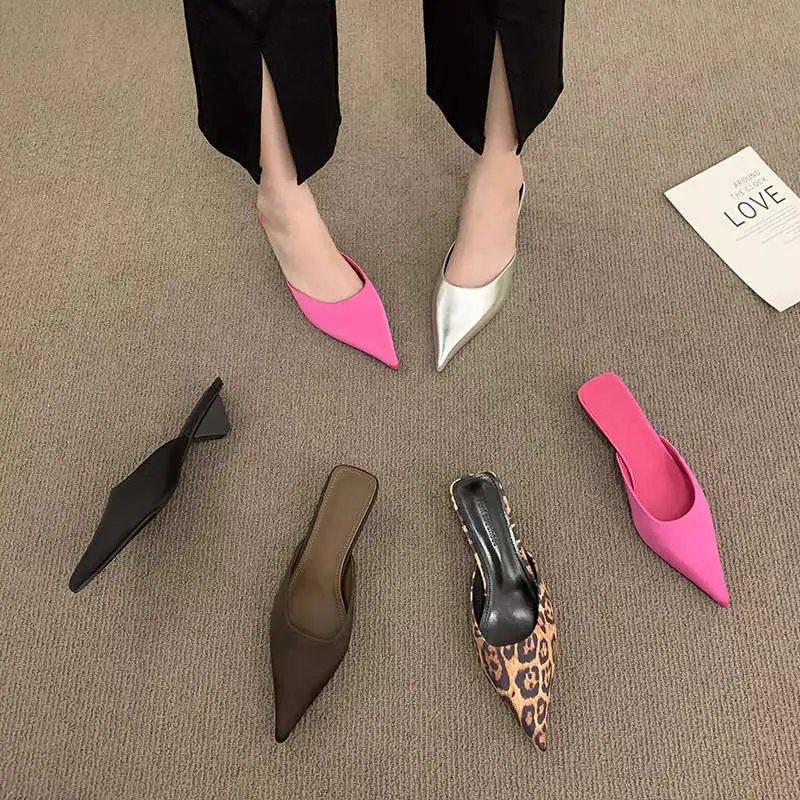 Korean Style Fashion Leopard Print Mule Women's Summer New Small Design Different Heel Pointed Toe Slip-On Shoes Casual Style...