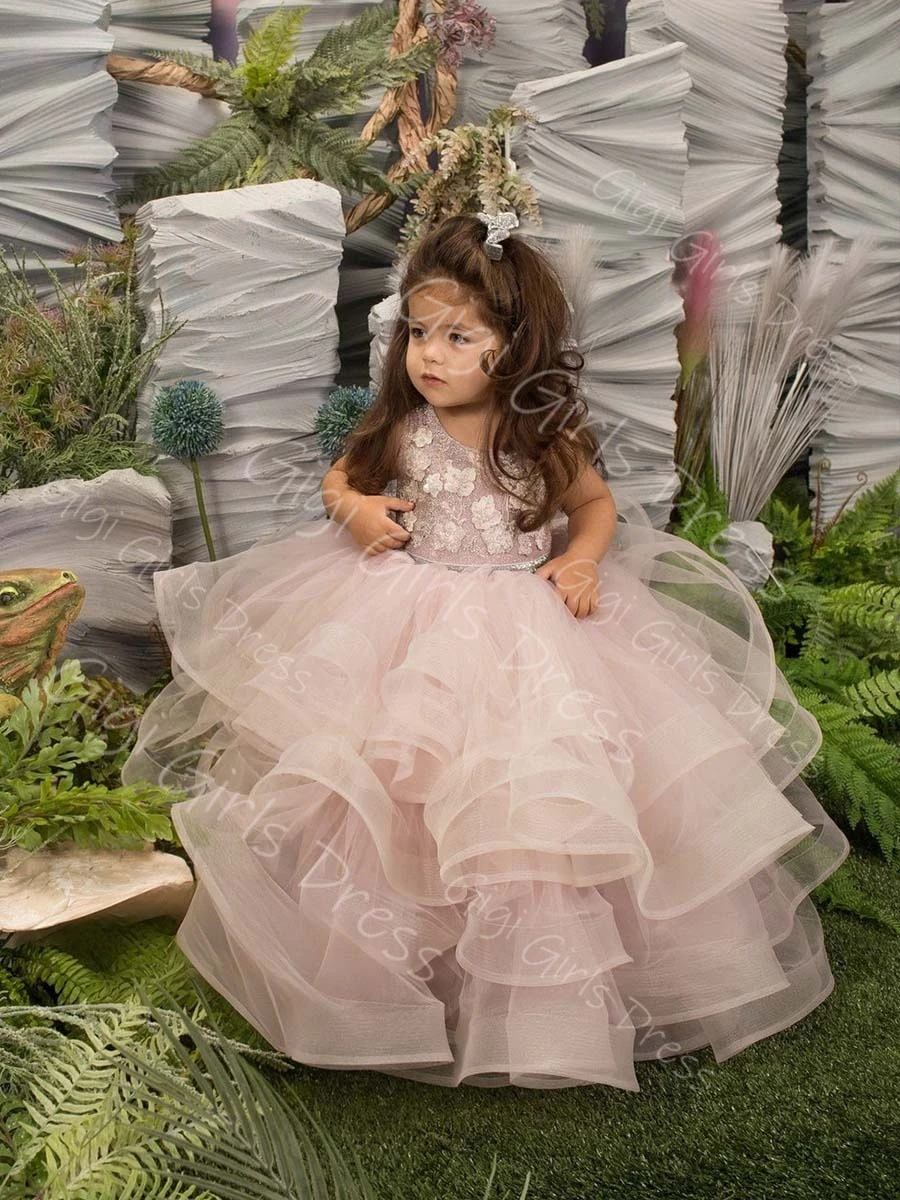 Adorable Ruffled Tulle Princess Flower Girl Dress for Wedding Toddlers Keyhole Back Lace Pageant Birthday Dress Custom Ball Gown