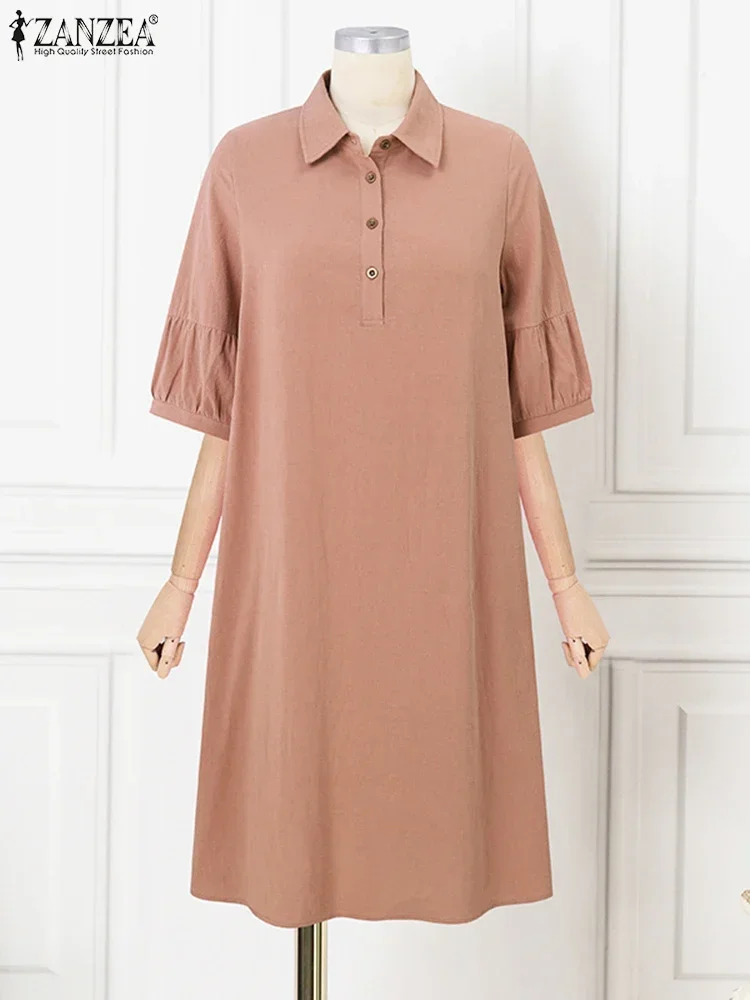 ZANZEA ผู้หญิงฤดูร้อน Vestidos 2025 แฟชั่น Vintage ผ้าฝ้ายเสื้อเกาหลี 3/4 Sleeve Midi Elegant Solid ปุ่ม Robe