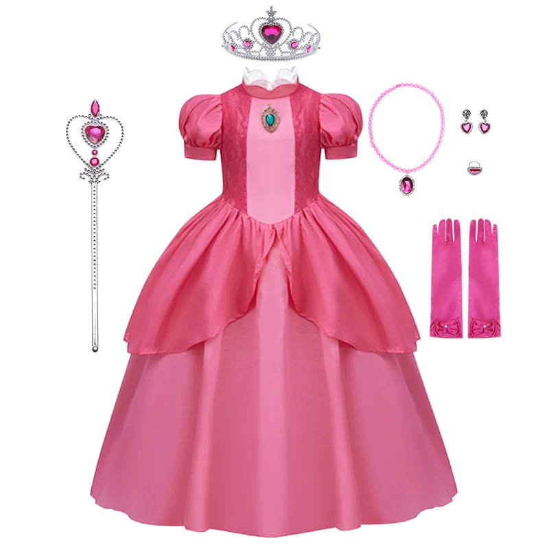 Peach Princess Dress For Girls Pink Elegant Lace And Diamond Puffy Dress Halloween Carnival Disguise For 3-8Y