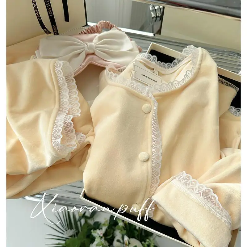 

Women's Cotton Pajama Set Winter Warm Solid Color Sleepwear Cozy Loungewear Homewear Comfortable Nightwear Autumn Two-Piece Suit