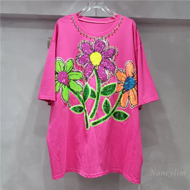 European Heavy Industry Rhinestone Sequined Flower Pink T-Shirt Women's Summer Casual Loose Long Top Oversized Tshirt 2024