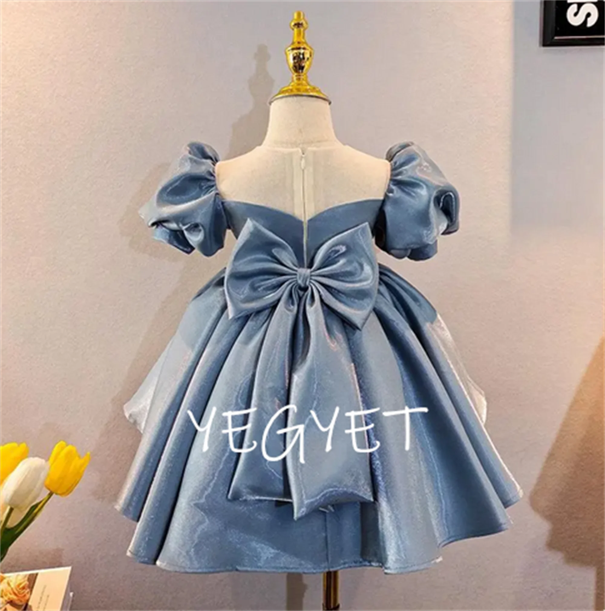 Sky Blue Ball Gown Flower Girls Retro Court Style Short Sleeves Knee Length Princess Dresses Birthday Party Lolita Dress Chapel