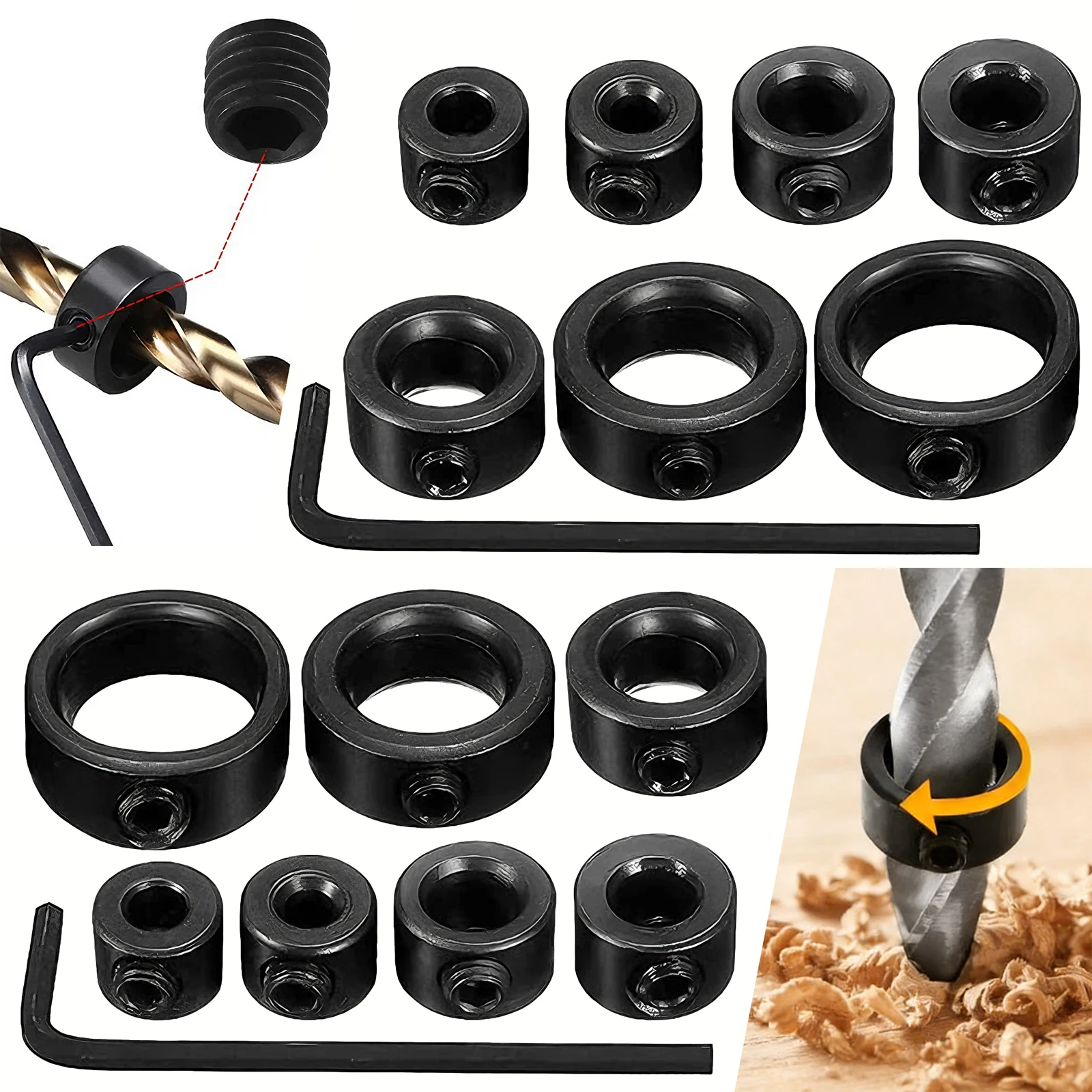 14PCS 3-12mm Drill Bit Depth Stop Collar Set Adjustable with Hex Key, Accurate & Consistent Wood Drilling Tool