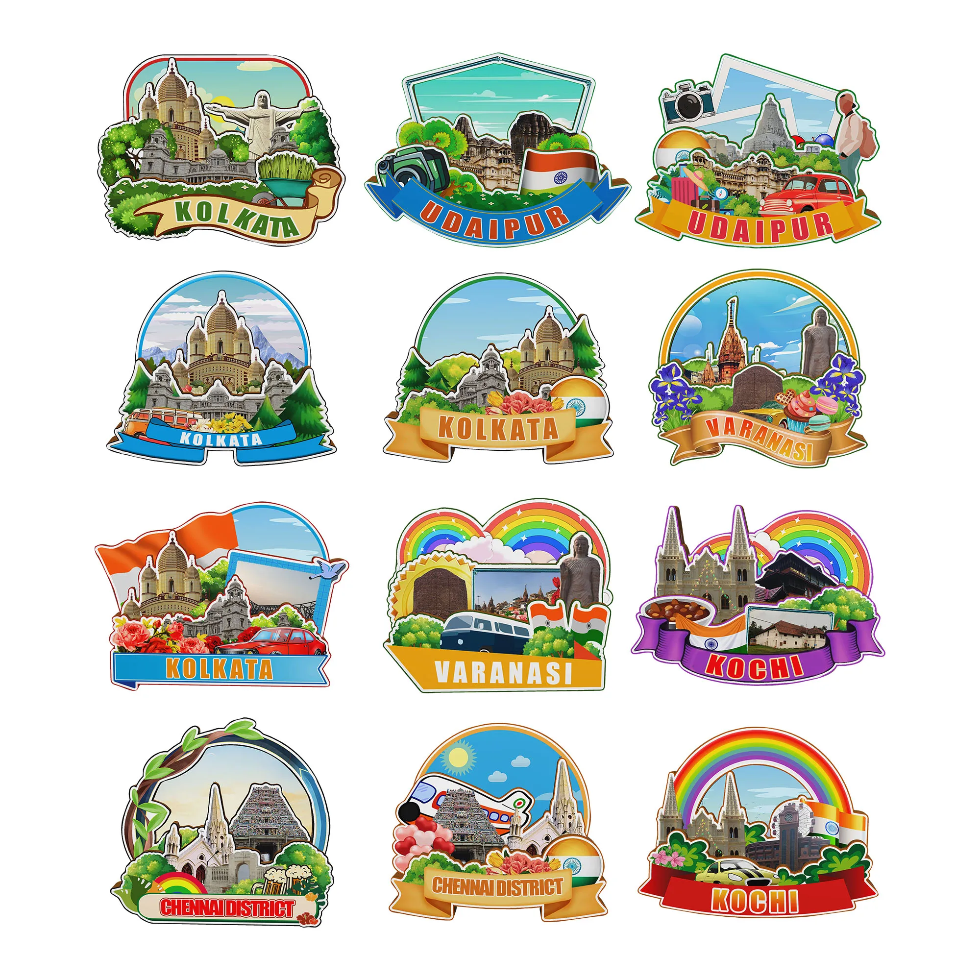 مغناطيس ديكور لـ Kolkata Varanasi Kochi Chennai District Udaipur India City Landmark تذكارية للسفر هدايا الثلاجة Stiker #1