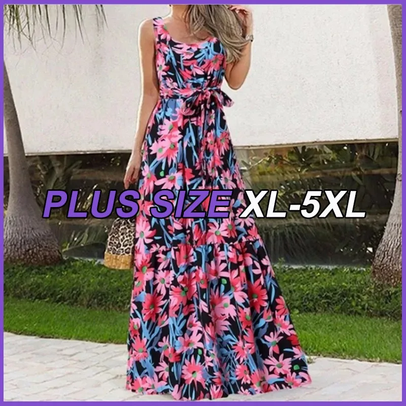 

Spring/Summer Women's L-5XL Plus Size Elegant Square Neck Sleeveless Printed Long Dress Fashion Leisure Beach Vacation Belt Long