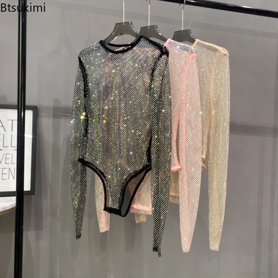 New Women Sexy Rhinestone Mesh Long Sleeve Bodysuit Round Neck Sheer Hollow Glitter Top Nightclub Party Layering One‑Piece Shirt