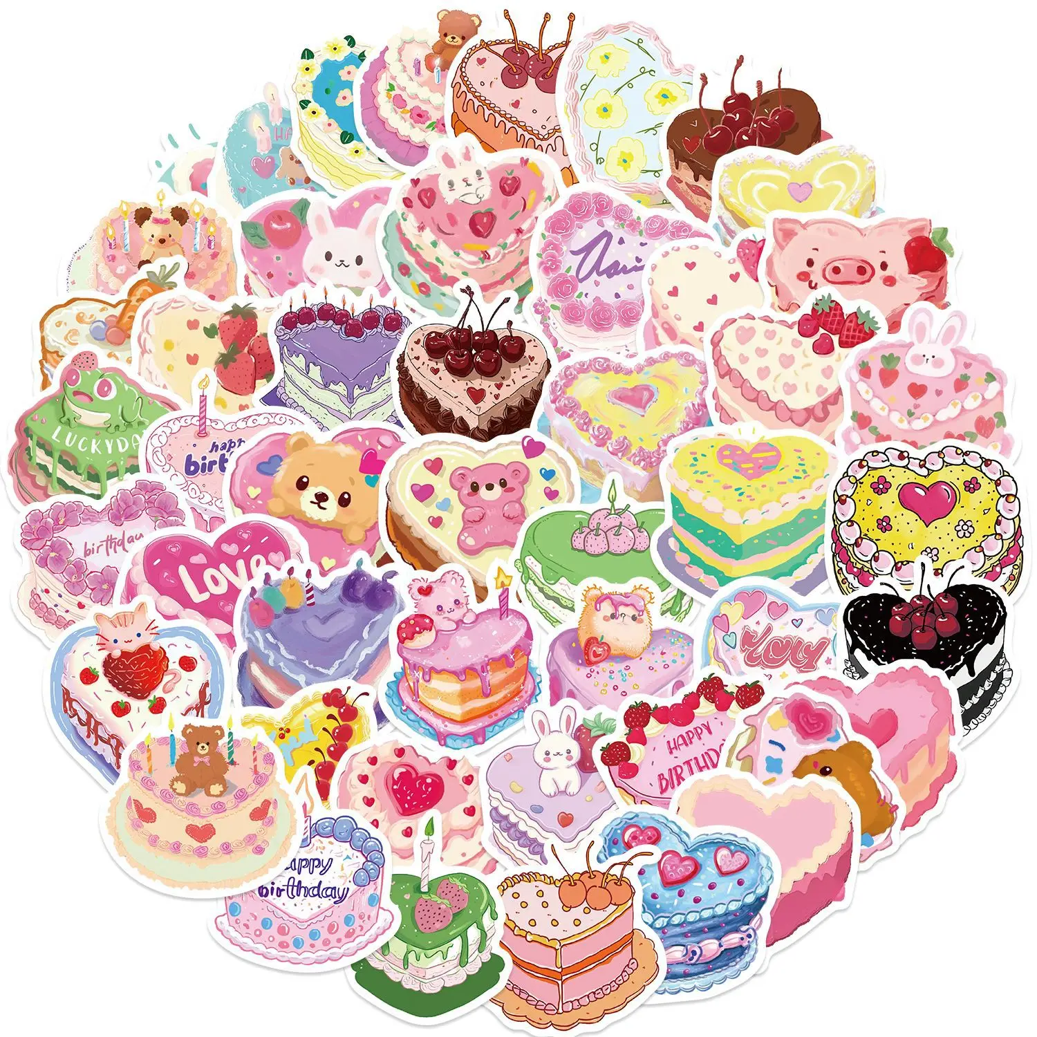 50pcs Heart Shaped Cake Cute Cartoon Graffiti Stickers DIY Phone Guitar Laptop Notebook Suitcase Cup Waterproof Sticker Kids Toy