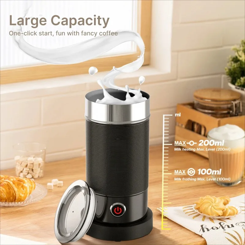Electric Milk Frother One-Button Cold/Hot Foam, Auto Shut-Off, Anti-Scald Non-Stick Whisk