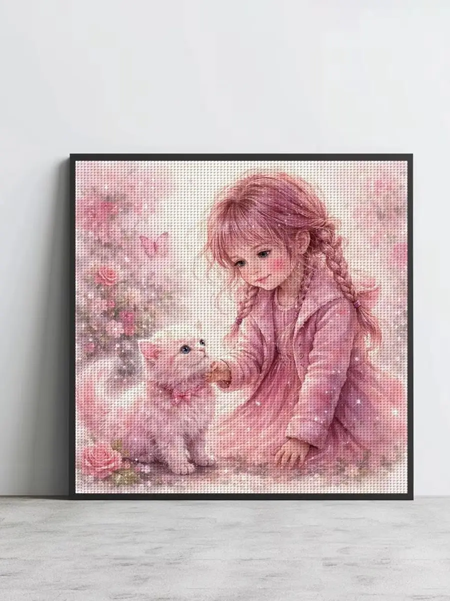 1 Stück 50X50CM/19,7 Zoll Rosa Mädchen Gestempeltes Kreuzstich-Set DIY-Set 11CT/14CT DIY-Stickset DIY-Kreuzstich-Set – Detail 1