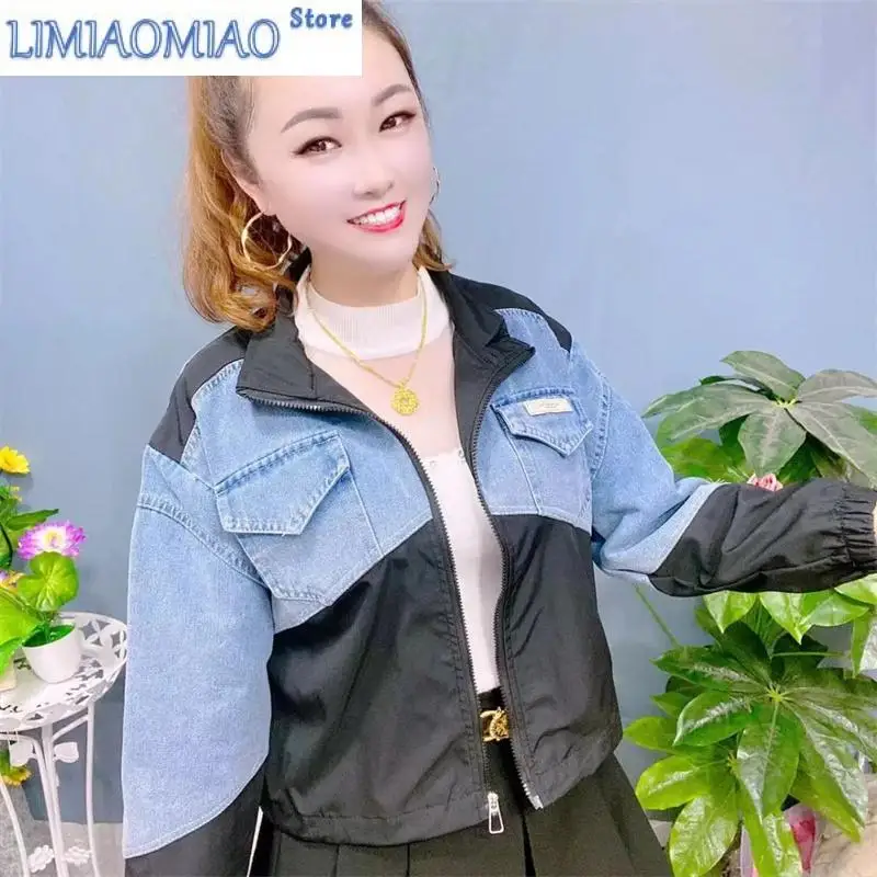 Spring And Autumn New Fashion Contrast Denim Stitching Coat Casual Joker Short College Wind Girl Temperament Jacket