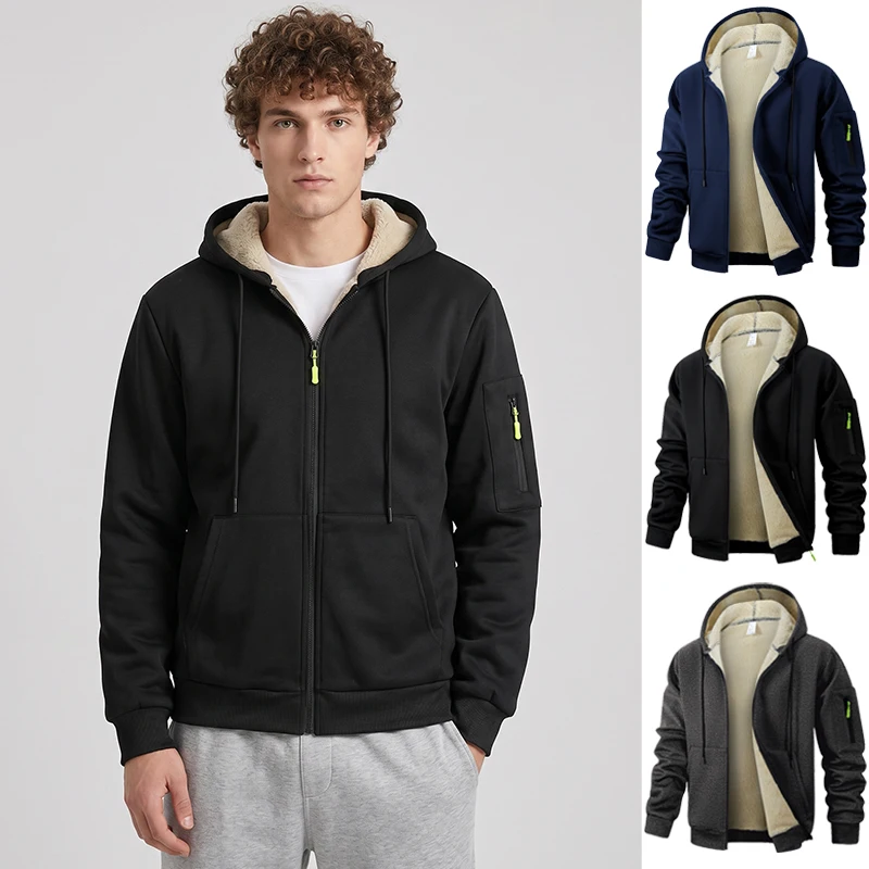 Herren-Jacke mit Sherpa-Plüschfutter, warmer Winter-Fleecemantel mit Kanga-Tasche, lässig, gemütlich, mit Reißverschluss, Kapuze, Oberbekleidung, Outfits, Oberteile